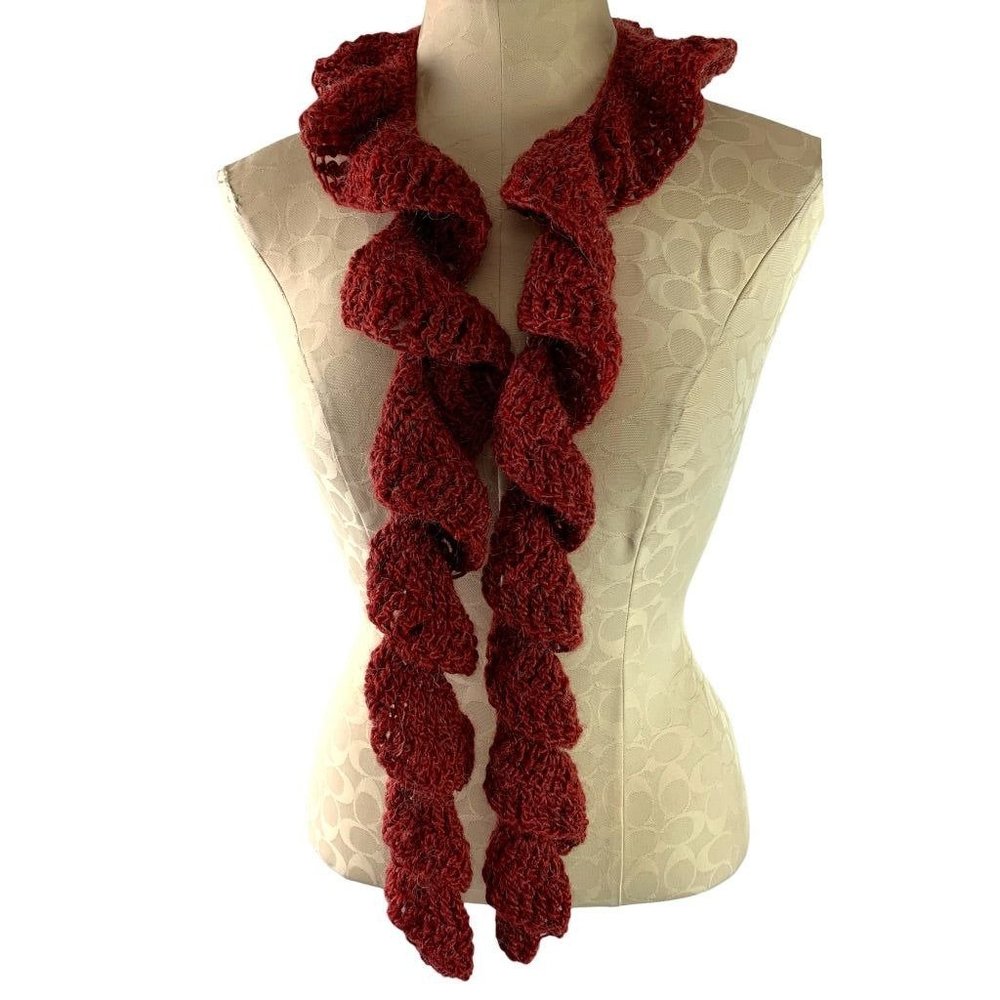 Flounce Crochet Ruffle Scarf Dark Red Fuzzy 57"